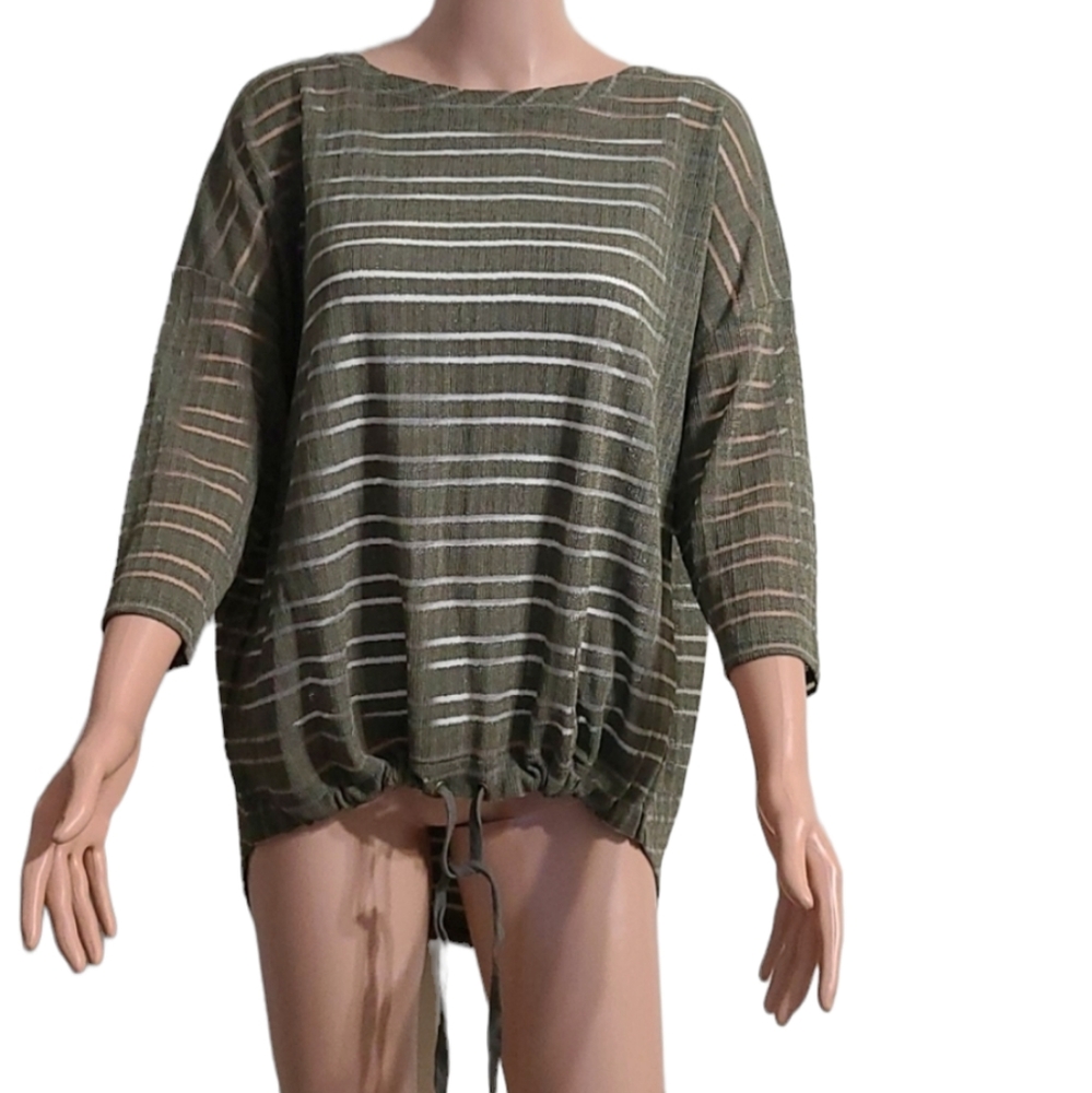 Jones New York Women's green Olive striped Top 3/4 sleeves Size M Medium